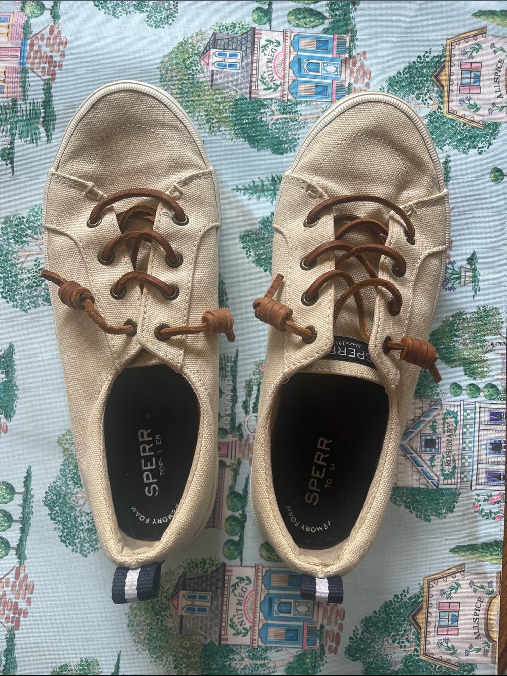 Sperry Cream Canvas Boat Shoes with Brown Leather Laces